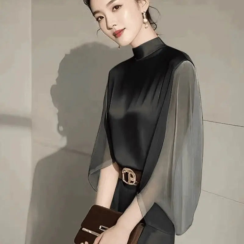 Dopamine French Black Chiffon Shirt Women's Long Sleeved Autumn New Beautiful Small Shirt Western-style Unique and Chic Top