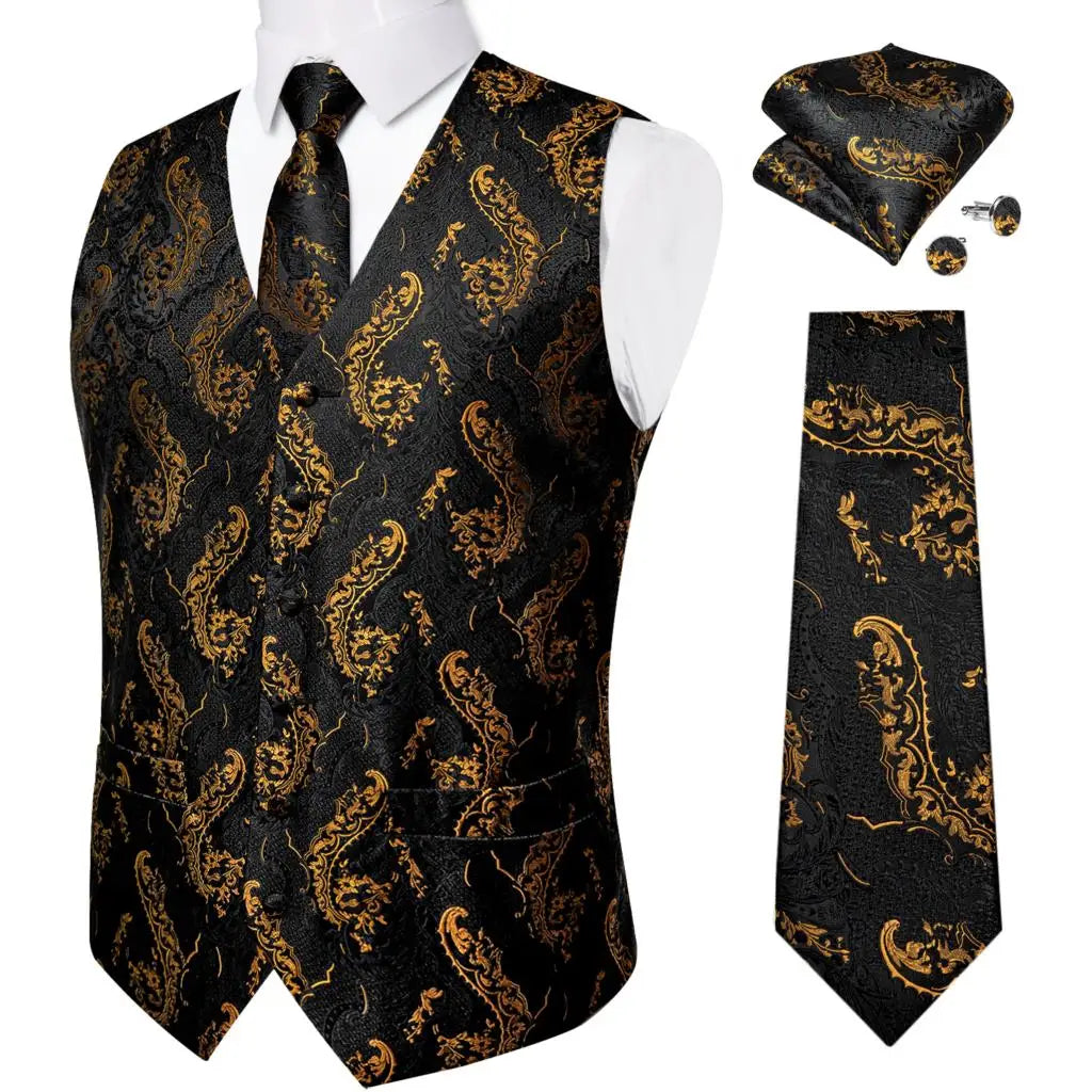 Luxury Silver Gray Paisley Suit Vest Men Tuxedo Blazers Wedding Party Waistcoat Neck Tie Set Casual Sleeveless Jacket