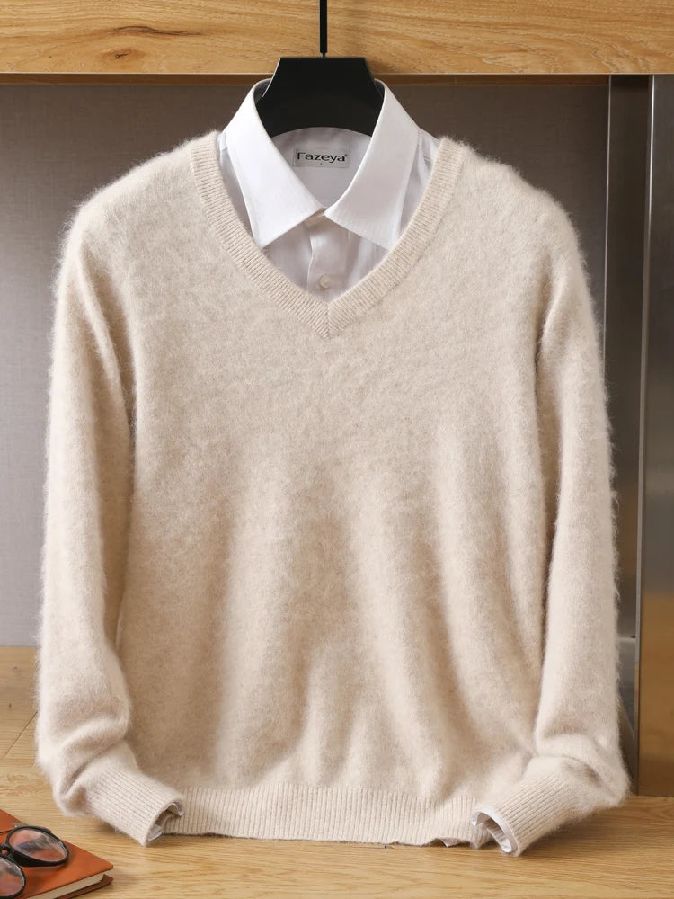MVLYFLET 2024 NEW Men's 100% Mink Cashmere Sweater V-Neck Pullovers Knit Large Size Winter New Tops Long Sleeve High-End Jumpers