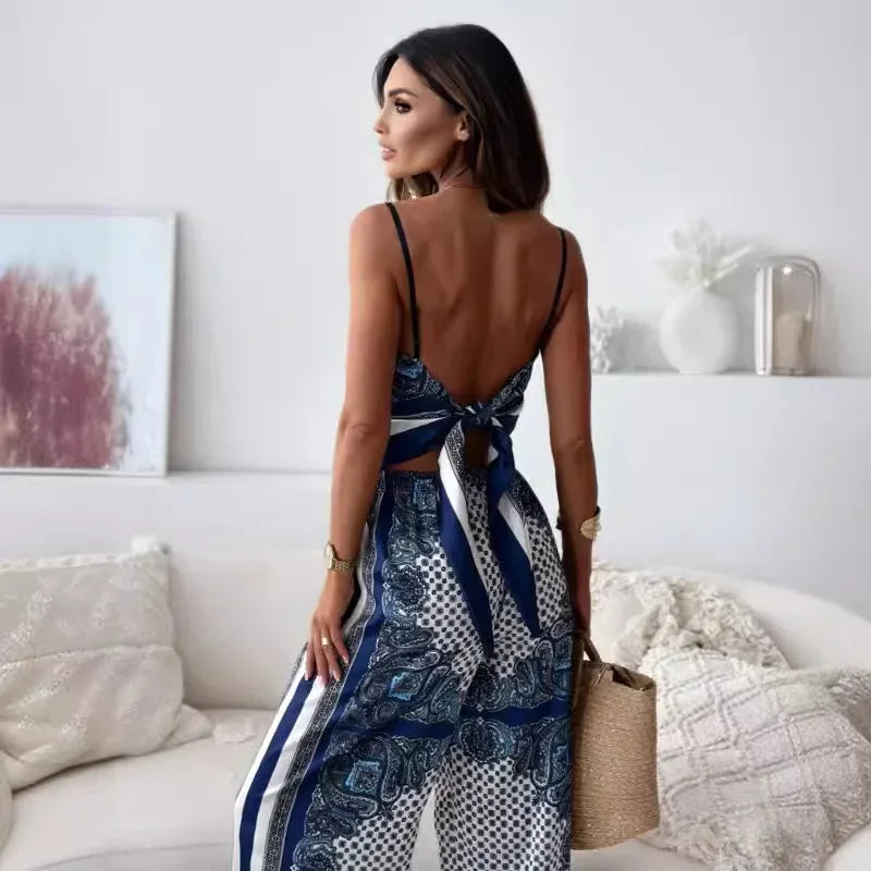 Stylish Printed Lace-Up Vest & Pants Two-Piece Set Summer Satin Print Women Casual Sling Lace Up Top Wide Leg Pants 2 Piece Set