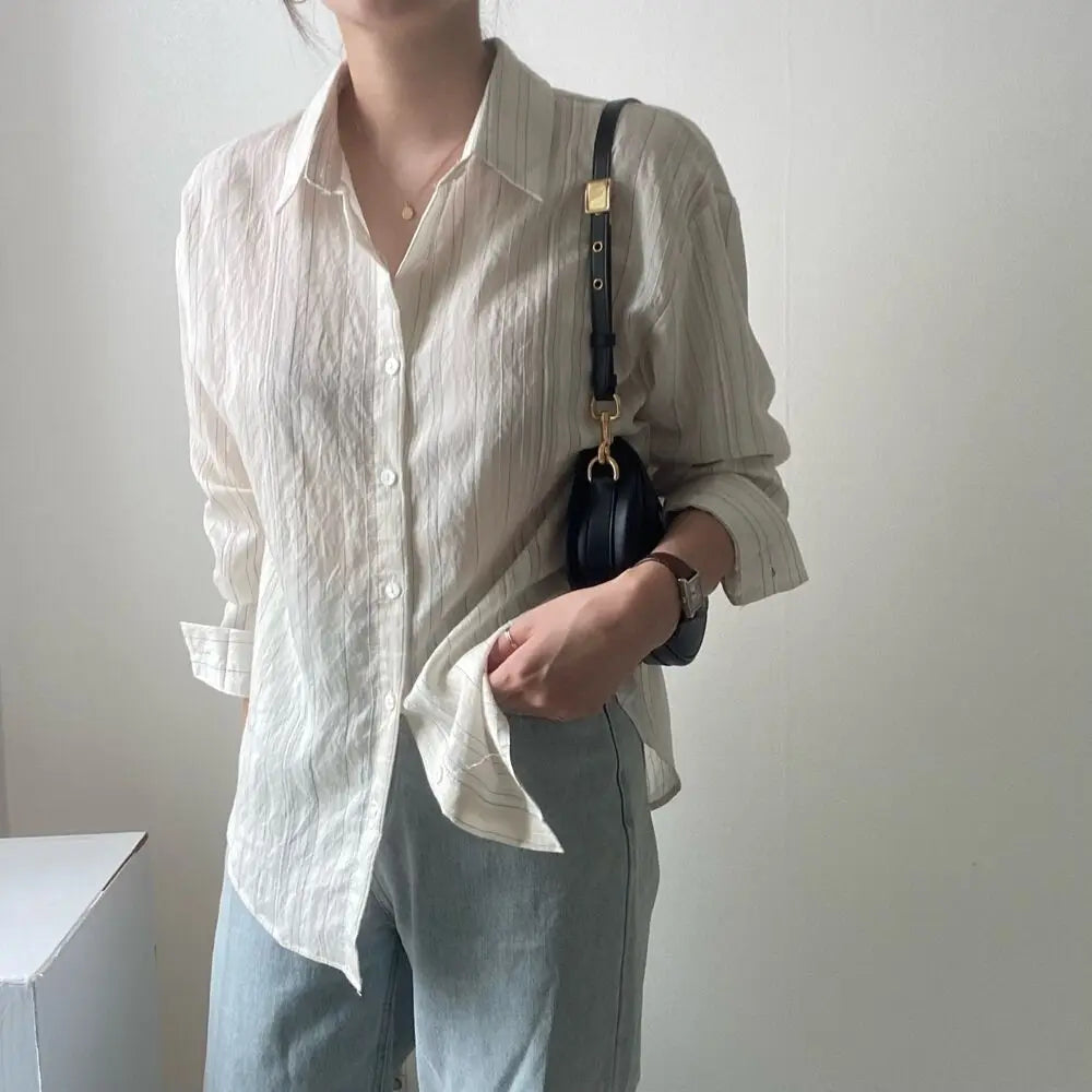 2Colors Korean style long sleeve blouses 2022 Spring Autumn womens Loose Pleated Chiffon tops and blouse Outwear Shirts(C0001)