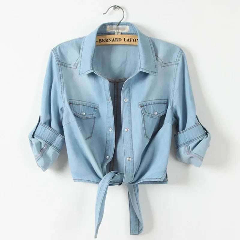 Spring Summer Curly Short Sleeve Thin Denim Jacket Female 6xl fashion Slim Knot Shirt Shawl Women's Outerwear Short Casual Tops