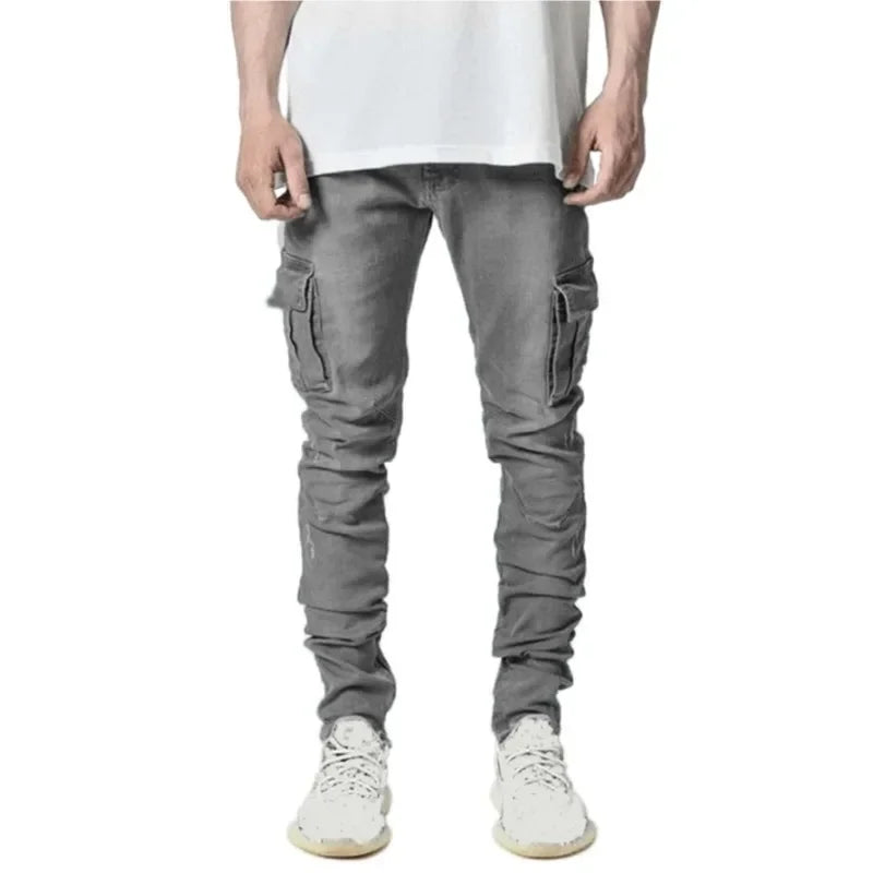 Autumn Winter New Men's Clothing Solid Color Stretch Multi-Bag Skinny Pants Slim Slimming Denim Cargo Pants Jeans