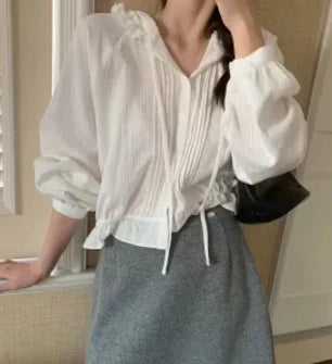 2Colors Korean style long sleeve blouses 2022 Spring Autumn womens Loose Pleated Chiffon tops and blouse Outwear Shirts(C0001)