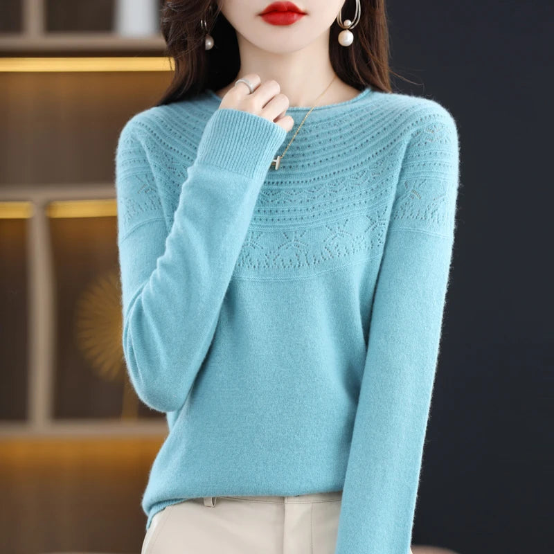 100% Merino Wool Knitted Sweater Autumn/Winter 2024 New Women's Round Neck Hollow Top 11 Color Pullover Versatile Coat NJR1107