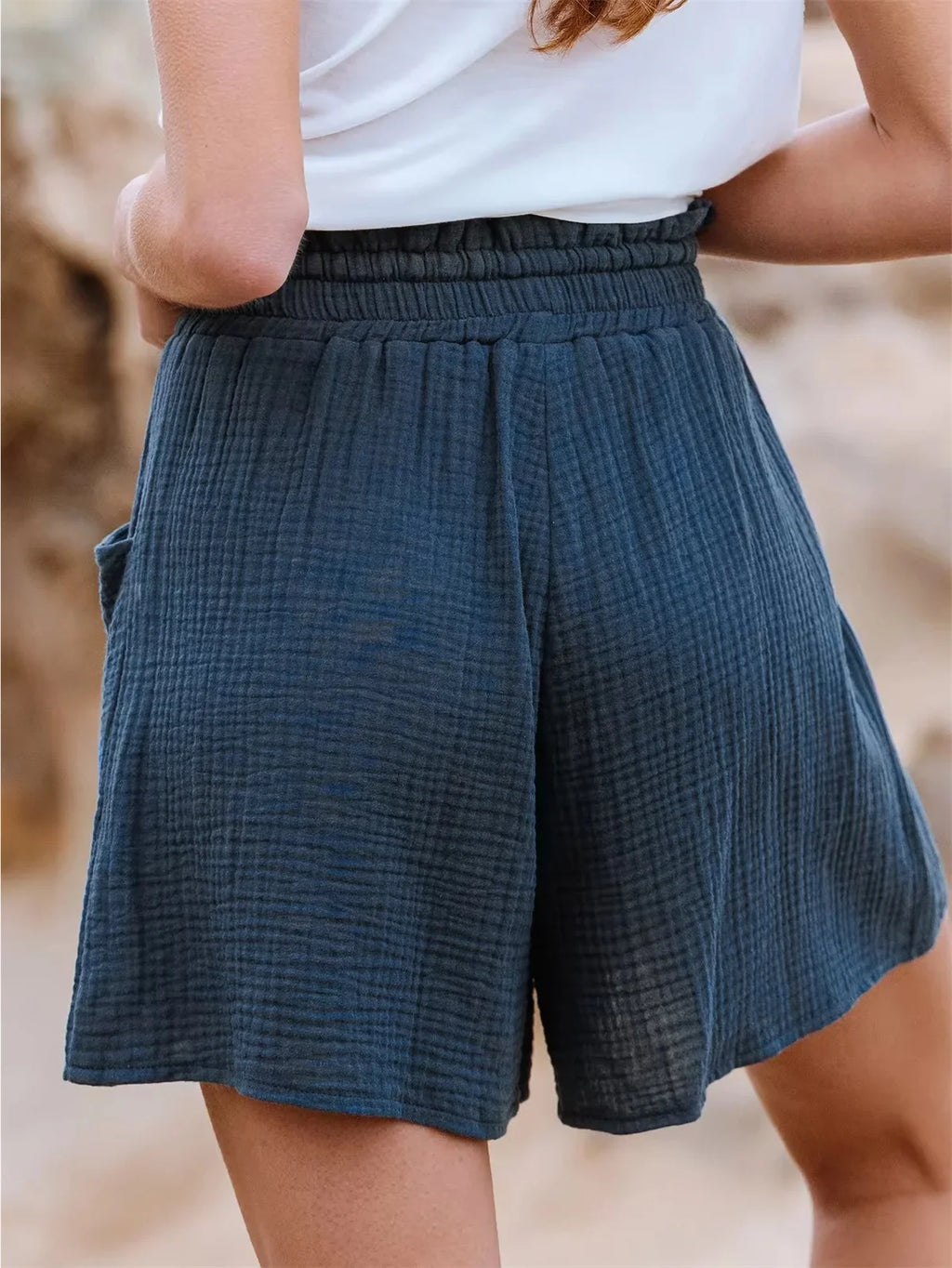 Ladies casual loose cotton elastic waist lace-up shorts