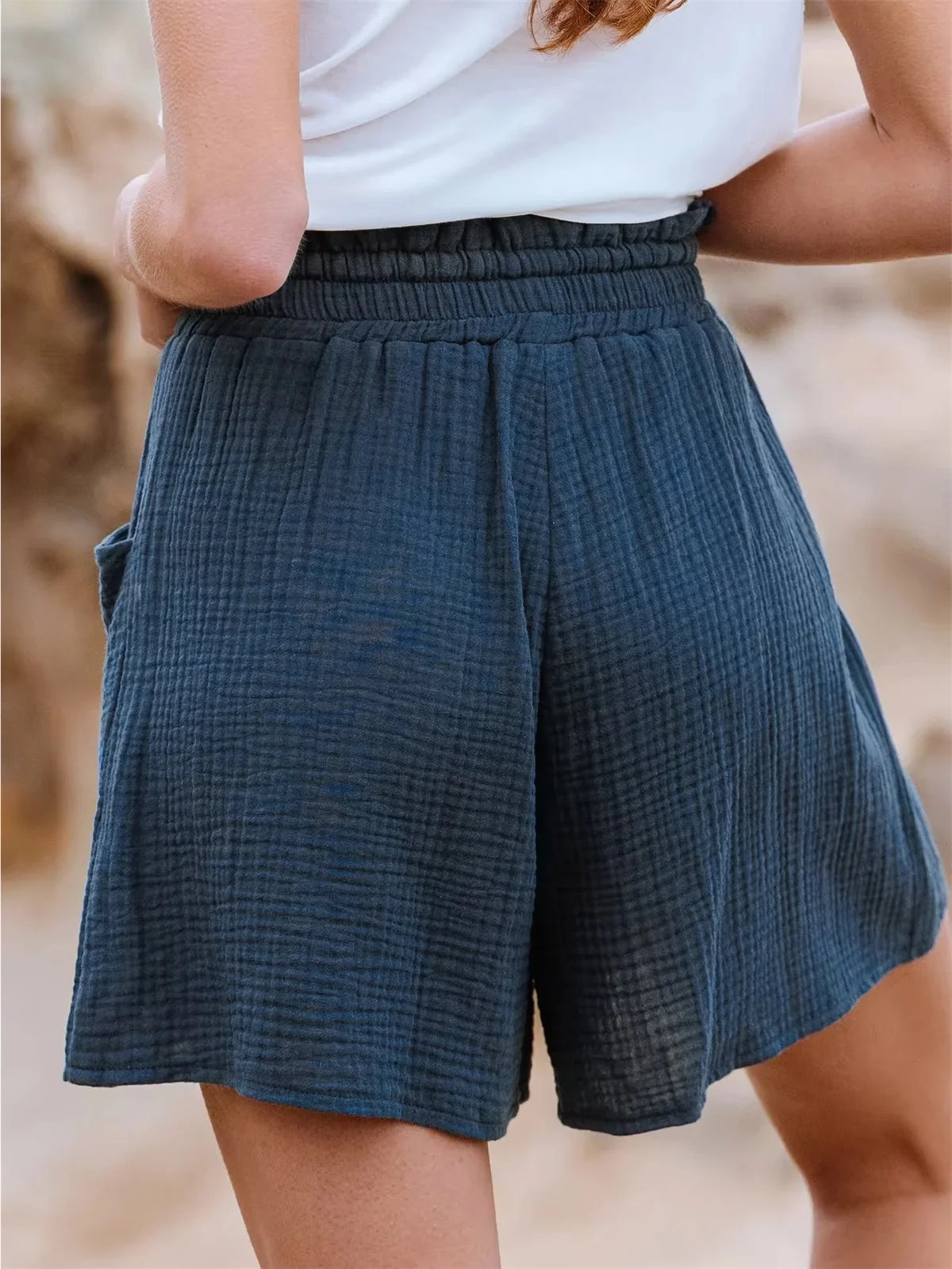 Ladies casual loose cotton elastic waist lace-up shorts