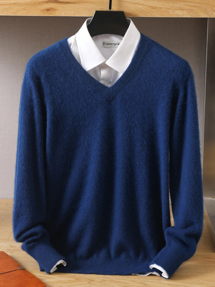 MVLYFLET 2024 NEW Men's 100% Mink Cashmere Sweater V-Neck Pullovers Knit Large Size Winter New Tops Long Sleeve High-End Jumpers