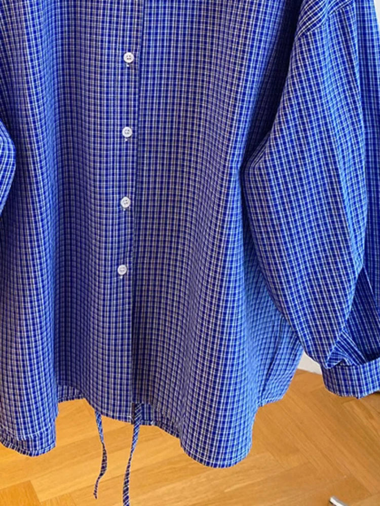 Blue Plaid Long Sleeve Loose Shirts Fashion Korean Split Bandage Blouse Women Oversized Spring Tops 2025 Casual Vintage Blouses