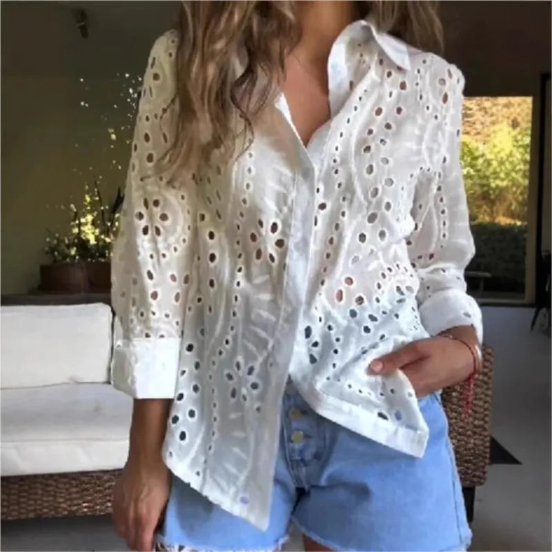 Fashion Women's Blouses Spring And Autumn White Shirt Collar Loose Embroidered Hollow Large Size Shirt Tops For Women Clothing