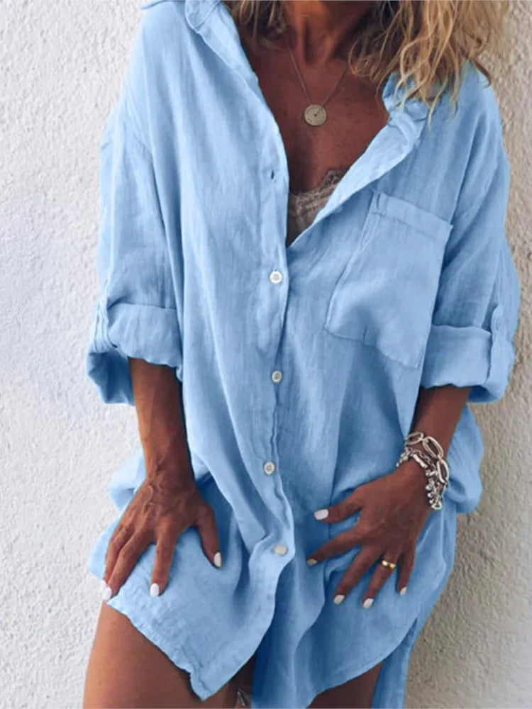Summer Women's Clothing New Fashion Cotton Linen Pocket Beach Fashion Button Up Shirt Long Sleeved Casual Comfortable