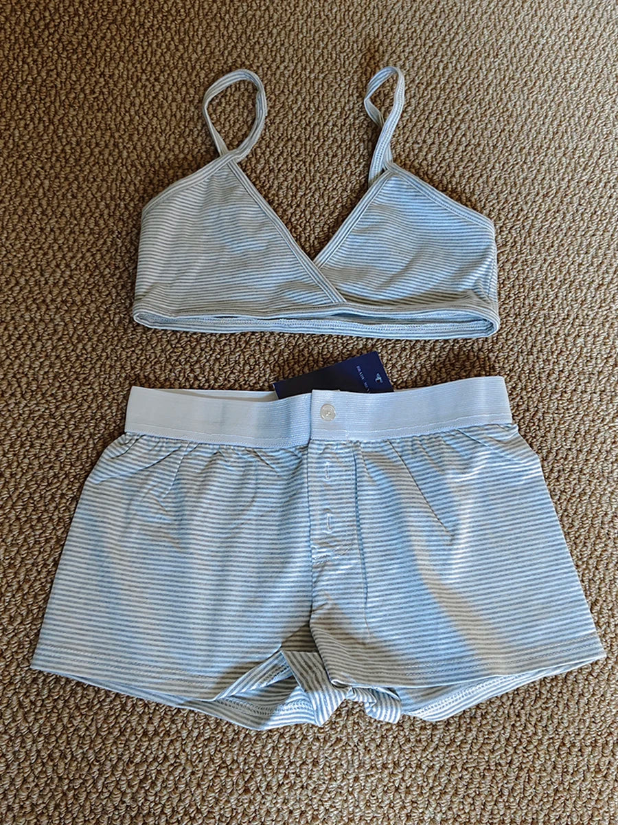 New Cherry Cotton Bra Shorts 2 Pieces Set Women Sexy V-neck Slim Bras with Straight Short Pants Casual Sweet Home Pajama Sets
