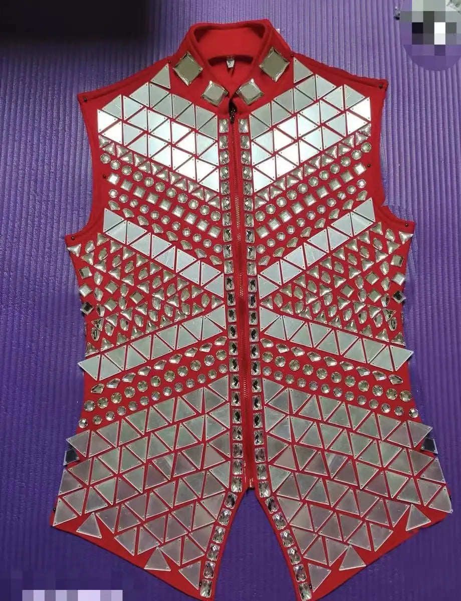 Sparkly Rhinestones Male Mirror Waistcoat Bar Nightclub Singer Stage Crystal Sequins Vest Performance Clothes Drum Dance Coat
