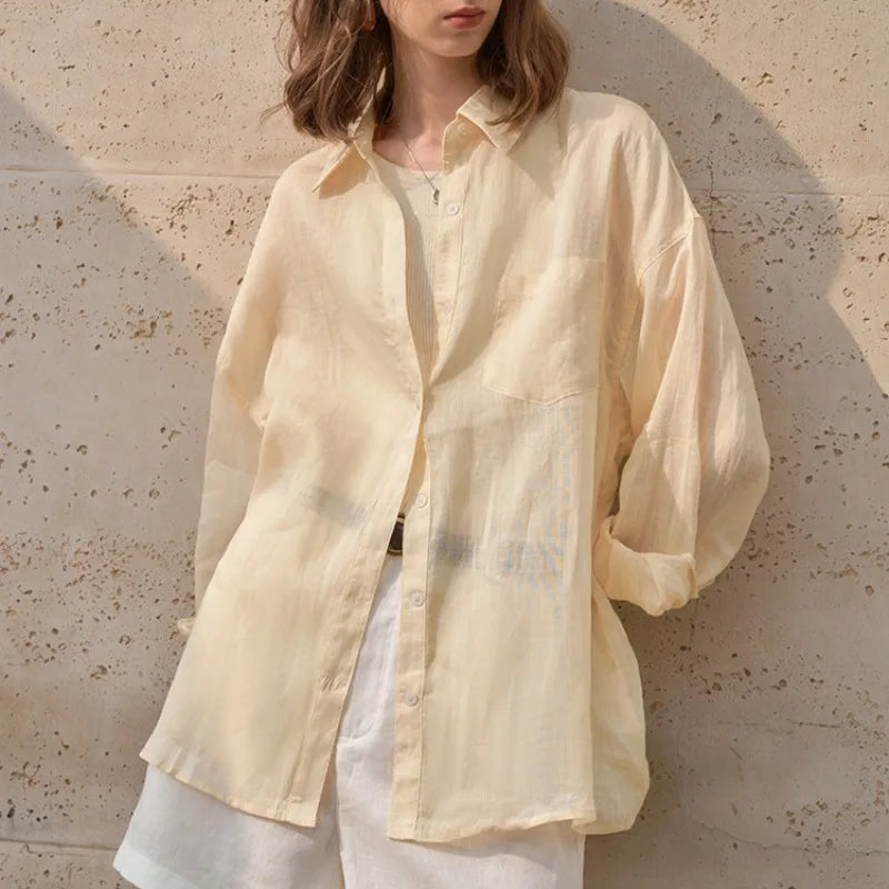 Ladies French 100% Ramie Shirts Spring And Summer Single-Breasted Cardigan Women's Lapel Long-Sleeved White Casual Loose Blouse