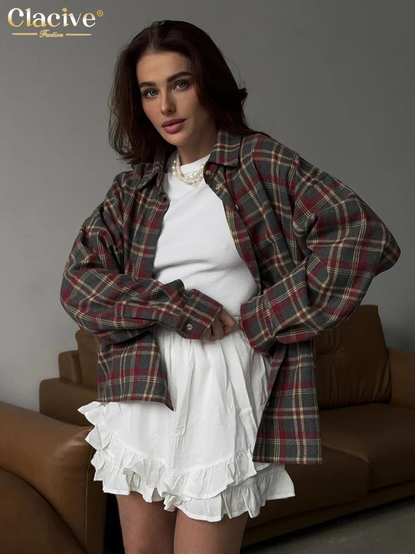 Clacive Fashion Loose Plaid Women's Shirt 2025 Vintage Lapel Long Sleeve Blouses Elegant Classic Blusas Top Female Clothing