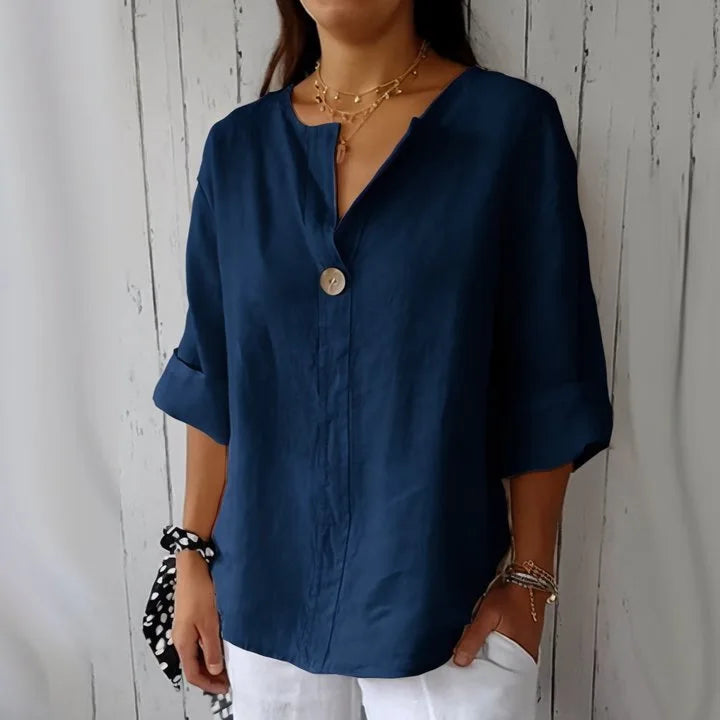 Summer Shirt And Blouses For Women Top V-neck Button Tee Shirts Casual 3/4 Sleeve White Top Loose Fit Pullover Women's
