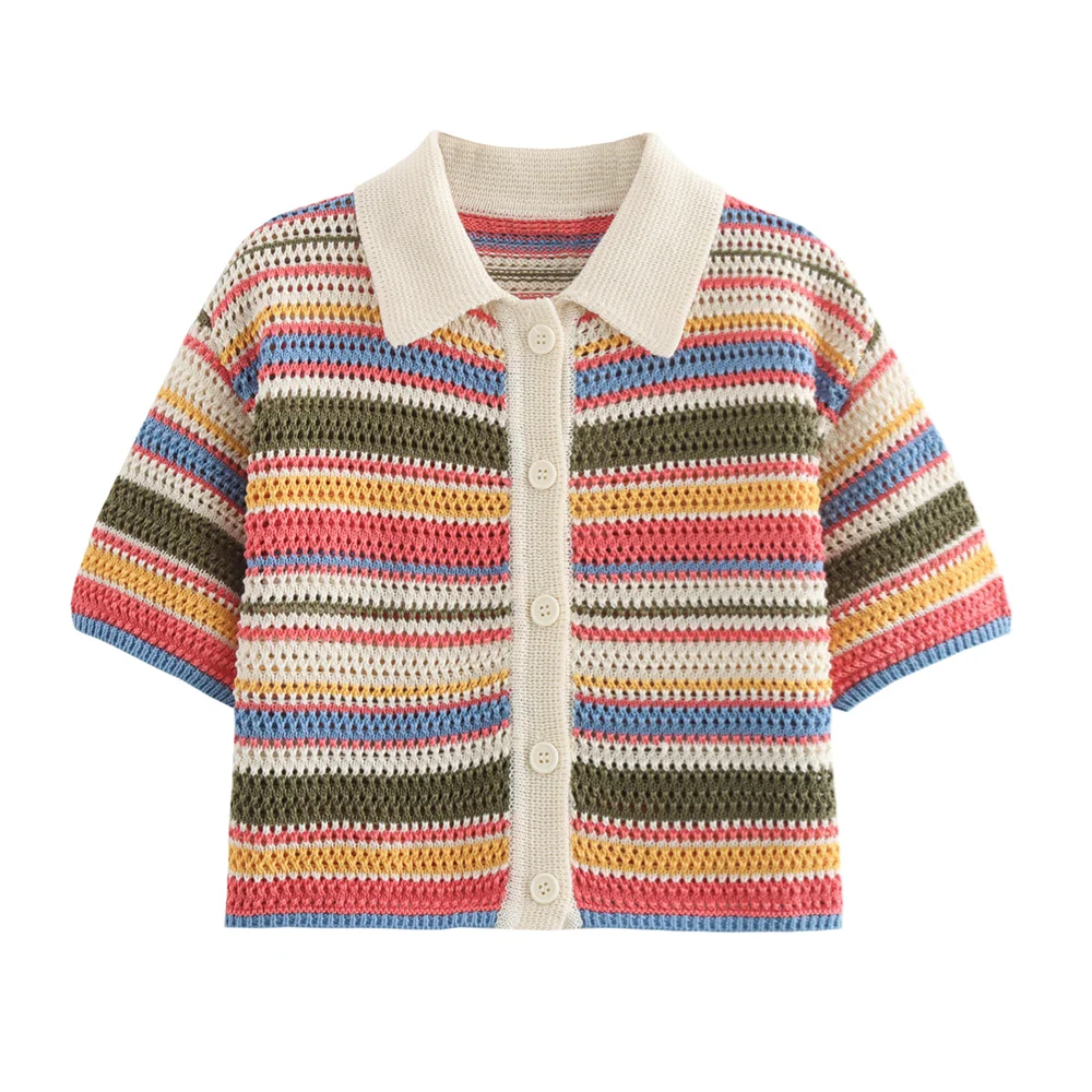 PB&ZA2024 autumn new women's clothing fashion temperament slim fit casual POLO collar short knitted sweater striped shorts set