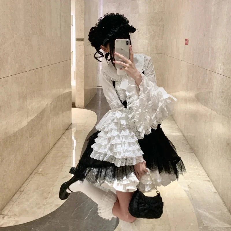 Japanese Y2k Vintage Lolita Shirts Women Korean Sweet Elegant Cute Tops Gothic Y2K Bow Lace Ruffle Flare Long Sleeve Blouse