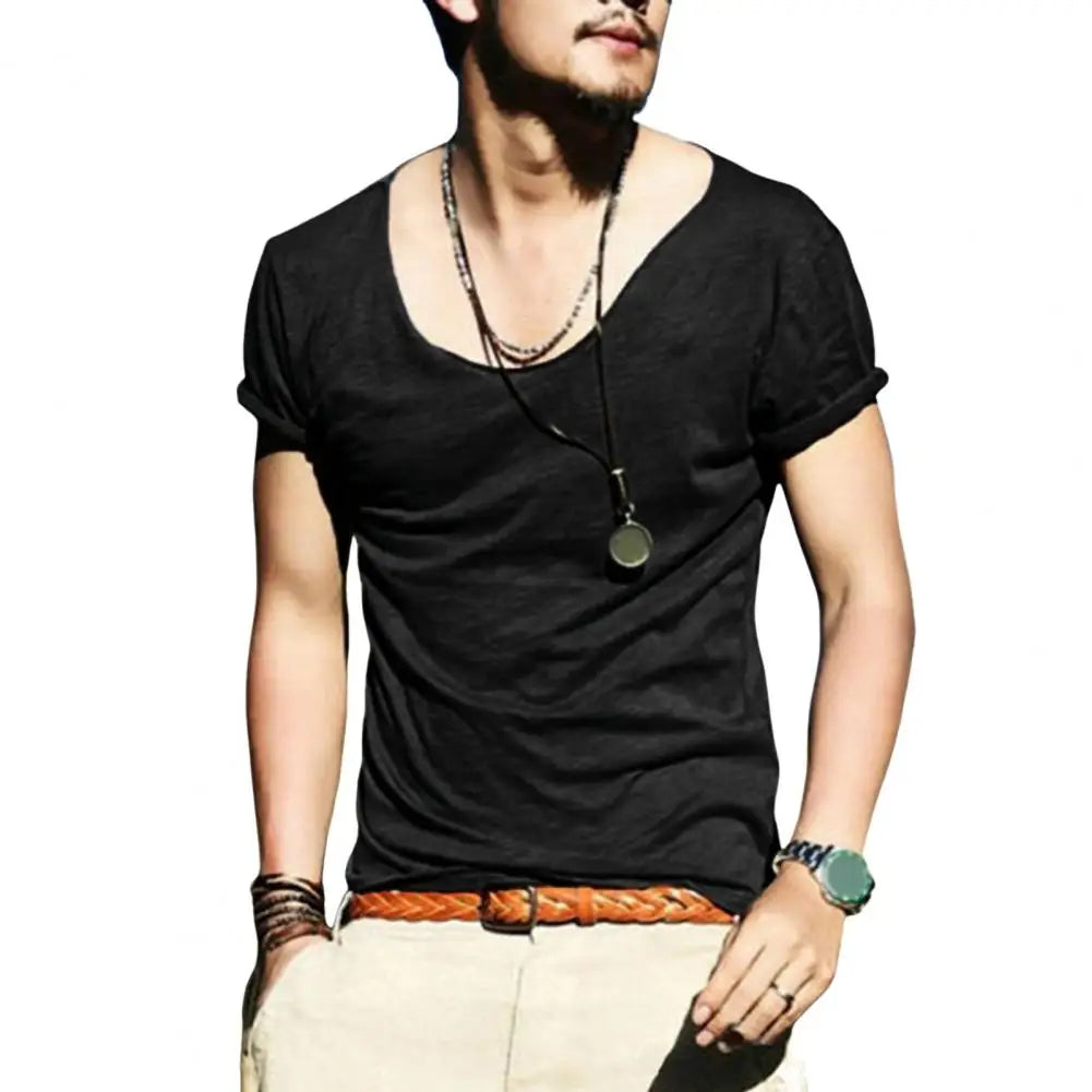 Men Summer T-shirt Large V Neck Thin Casual Male T-shirt Solid Color Slim Fit Breathable Short Sleeves Stretchy Men Top
