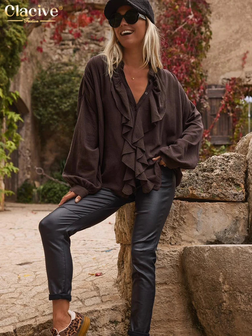 Clacive Casual Loose Brown Cotton Women's Shirt 2025 Fashion Stand Collar Long Sleeve Shirts Elegant Ruffle Top Female Clothing