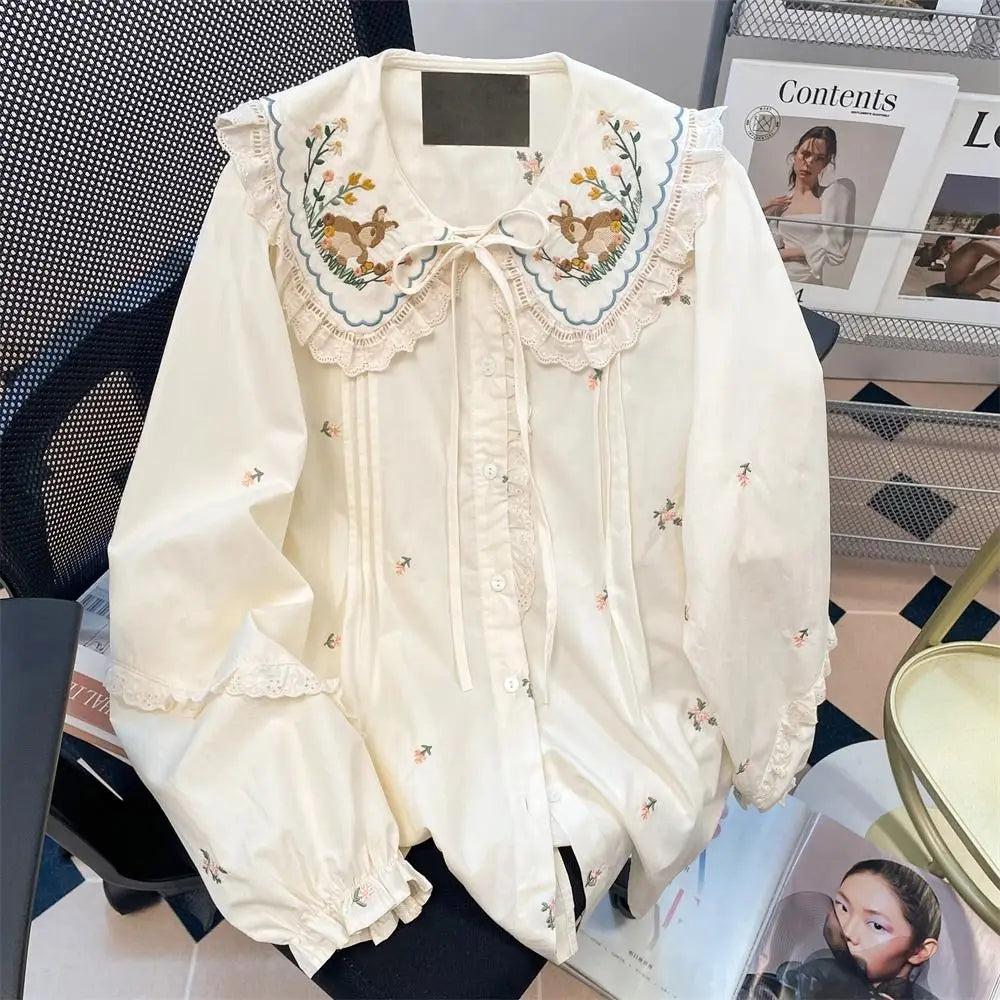 Rabbit Embroidery Peter Pan Collar Blouse Women Clothing Long Sleeve Floral Shirts 2025 Blusas Mujer De Moda Ruffles Sweet Tops