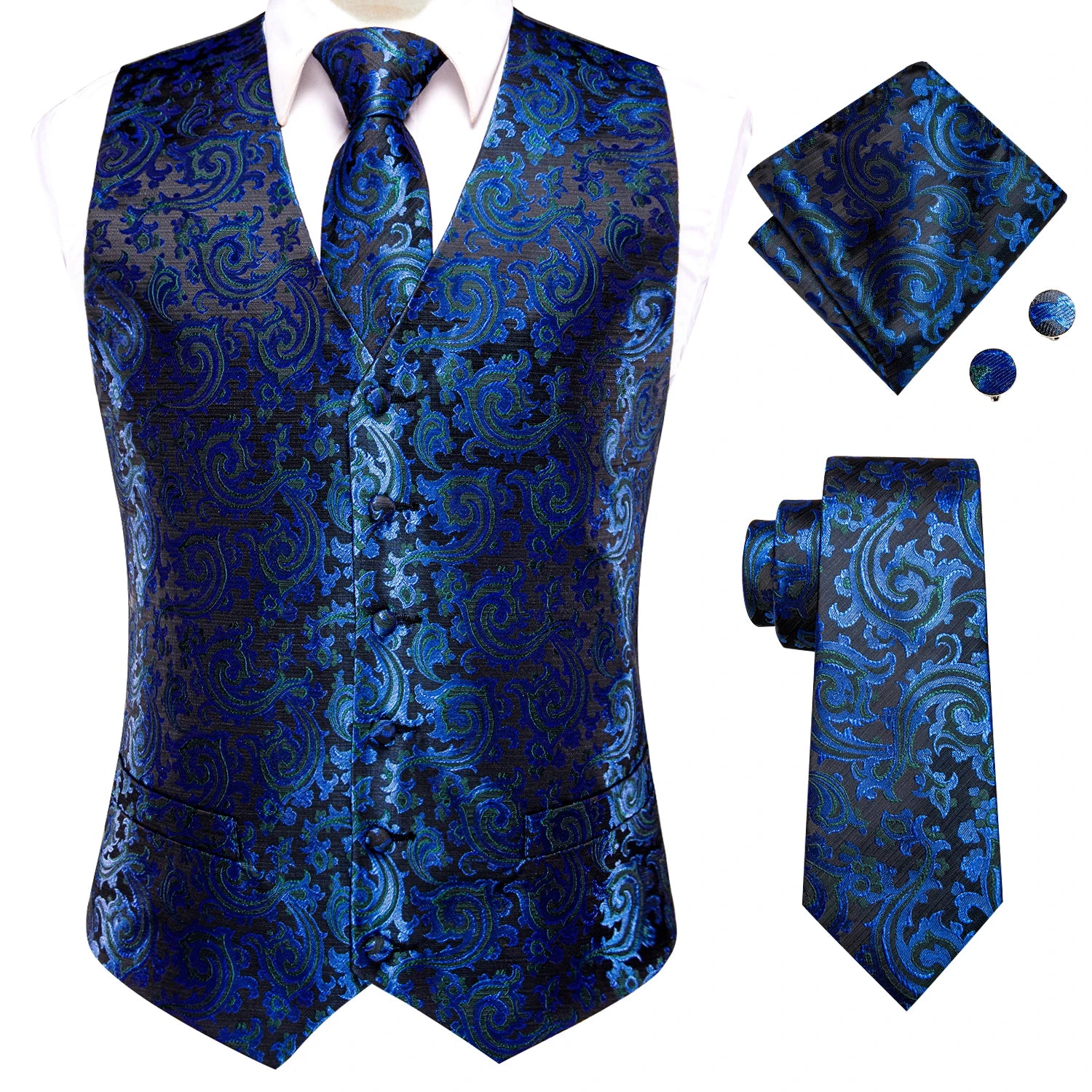 Hi-Tie Black Men Silk Vest Paisley Jacquard Necktie Hankerchief Cufflinks Sets Male Sleeveless V-Neck Waistcoat Business Formal