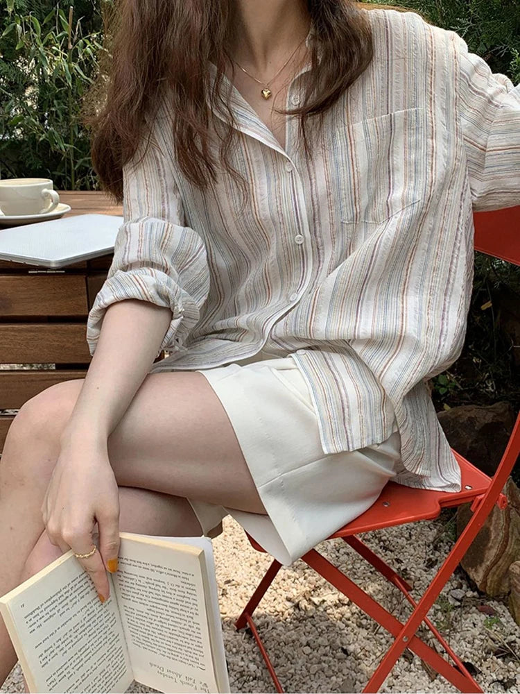 Jmprs Korean Vintage Striped Women Shirts Long Sleeve Designed Summer Cotton Loose Button Up Shirt Oversize Female Tops New