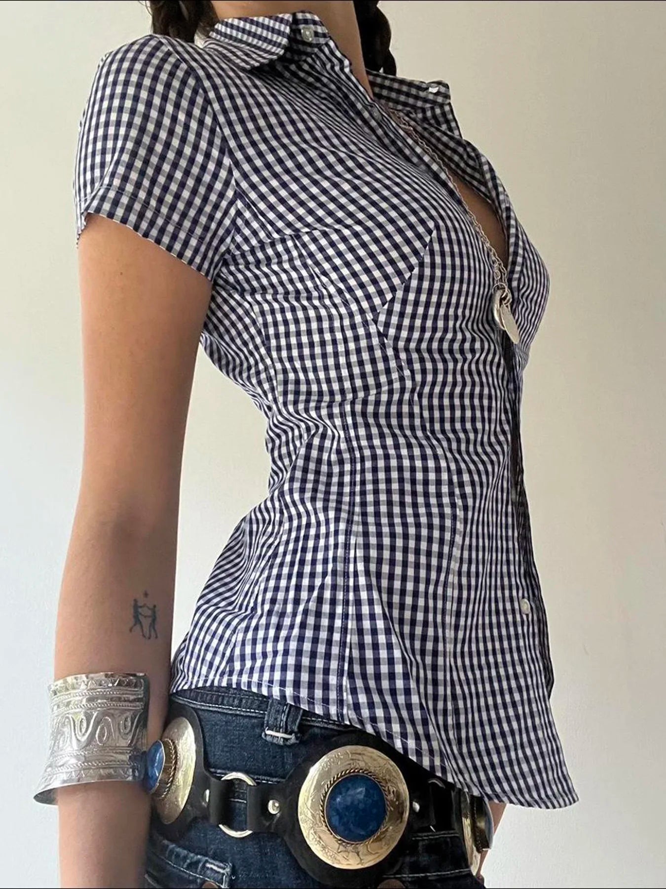 Rockmoer Fashion Blue Plaid Skinny Slim Blouses Office Ladies Y2K Aesthetic Vintage Buttons Up Shirts Women Korean Casual Tops