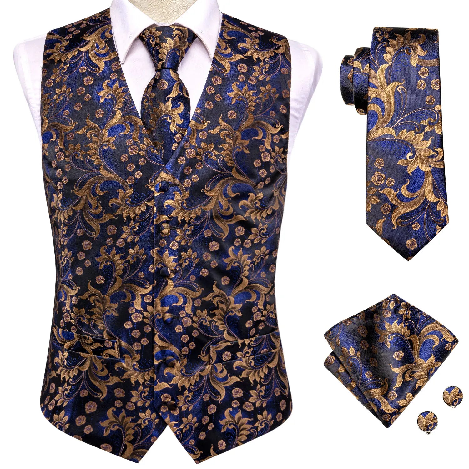 Hi-Tie Black Men Silk Vest Paisley Jacquard Necktie Hankerchief Cufflinks Sets Male Sleeveless V-Neck Waistcoat Business Formal