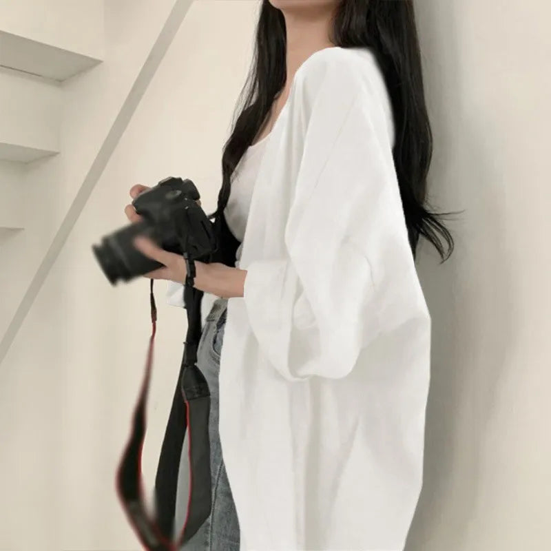 Summer Korean Version Loose Fit Women's Long Cardigan Summer Solid Color Breathable Thin Windbreaker Sunscreen Clothing