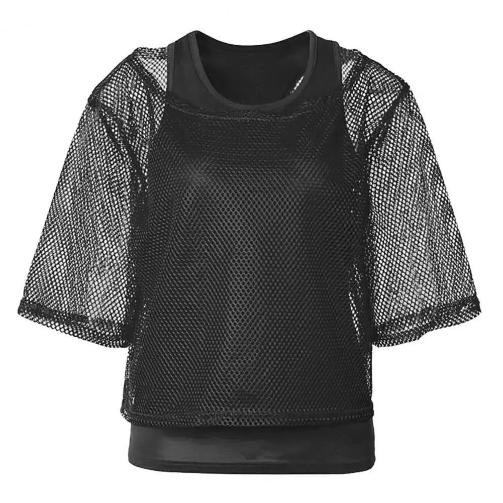 80s Mesh Shirt Vest Set Women Mesh Top Vest Set Bright Color O-Neck Short Sleeve Mesh Cropped Tops Racerback Pullover Vest Set
