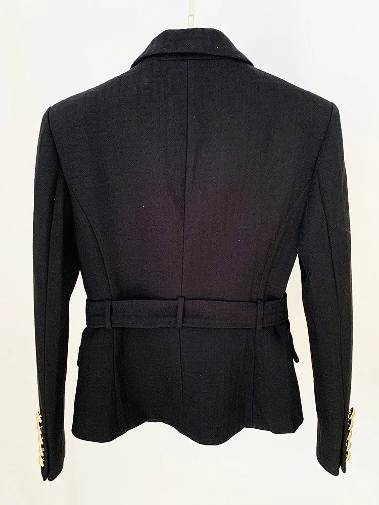 HIGH STREET Newest 2024 Designer Jacket Women's Double Breasted Lion Buttons Monogram Jacquard Belted Blazer