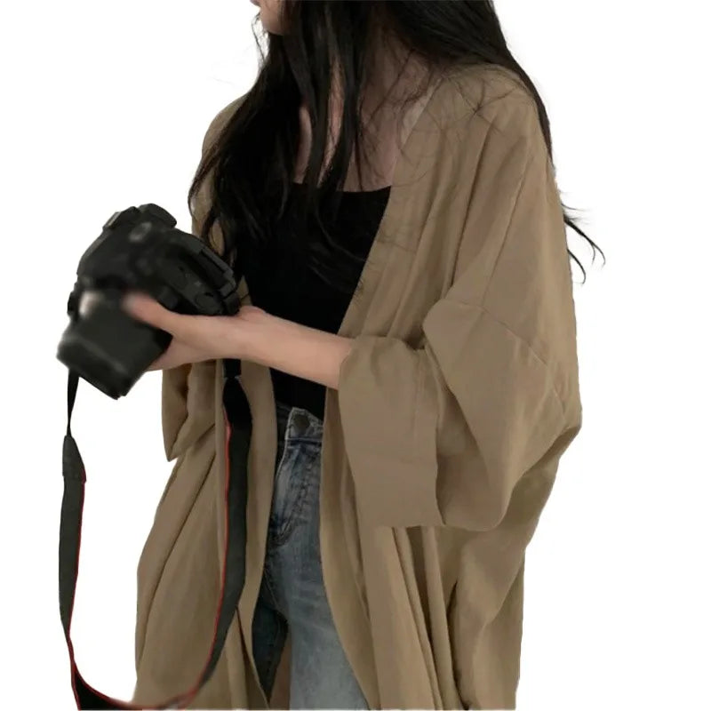Summer Korean Version Loose Fit Women's Long Cardigan Summer Solid Color Breathable Thin Windbreaker Sunscreen Clothing