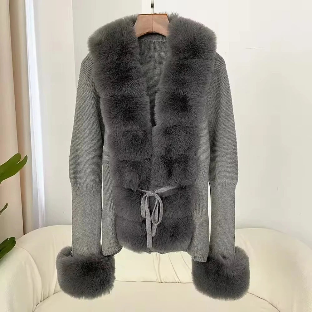 FURYOURSELF 2025 Autumn Winter Women's Short Knitted Sweater with Artificial Fur New Brazilian Best-selling Women's Cardigan