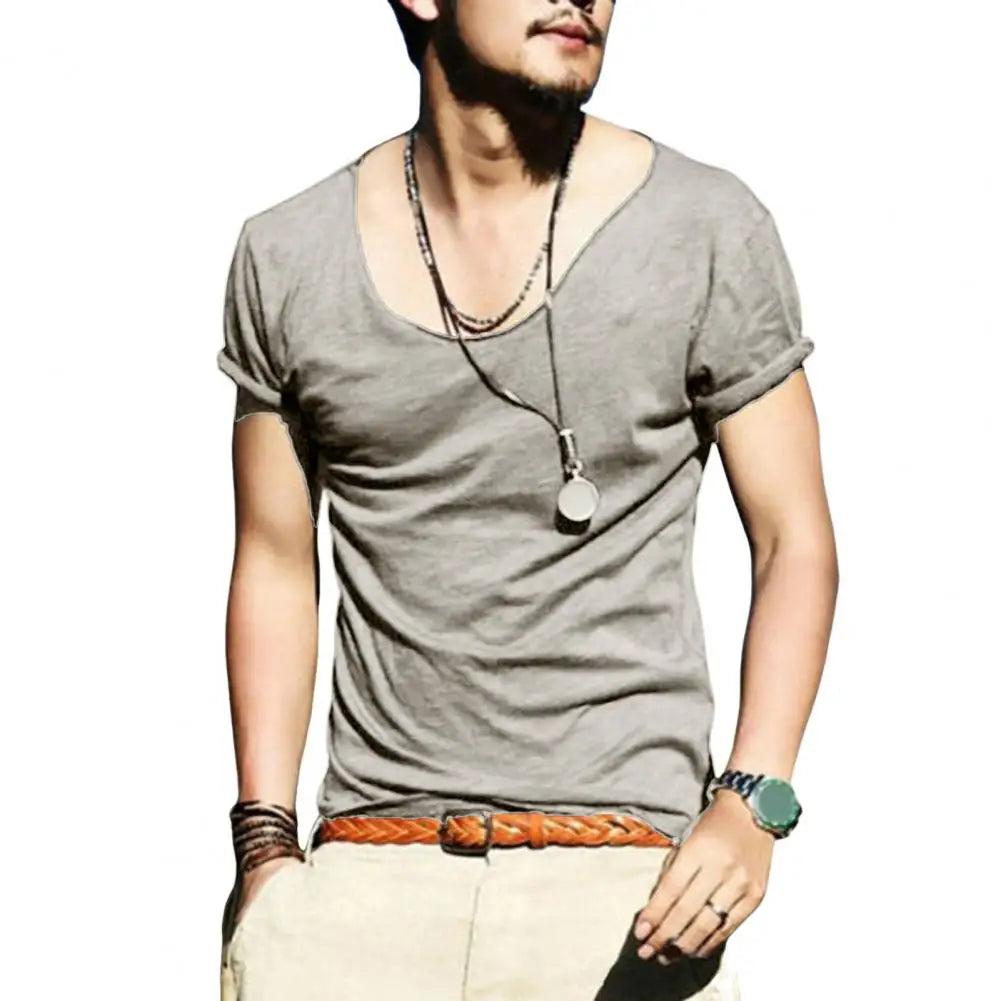 Men Summer T-shirt Large V Neck Thin Casual Male T-shirt Solid Color Slim Fit Breathable Short Sleeves Stretchy Men Top