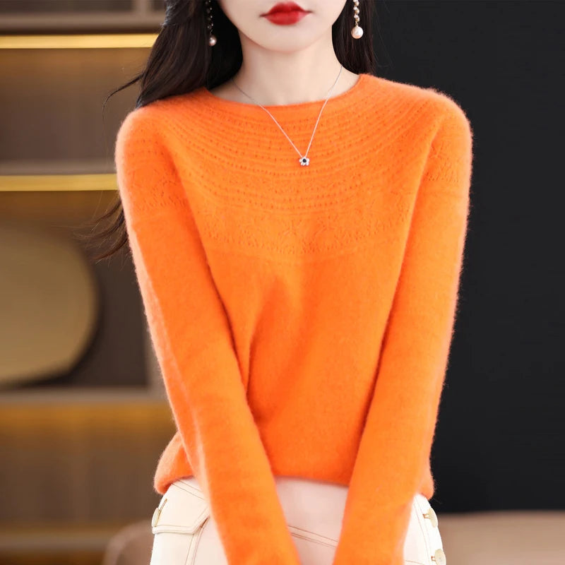 100% Merino Wool Knitted Sweater Autumn/Winter 2024 New Women's Round Neck Hollow Top 11 Color Pullover Versatile Coat NJR1107