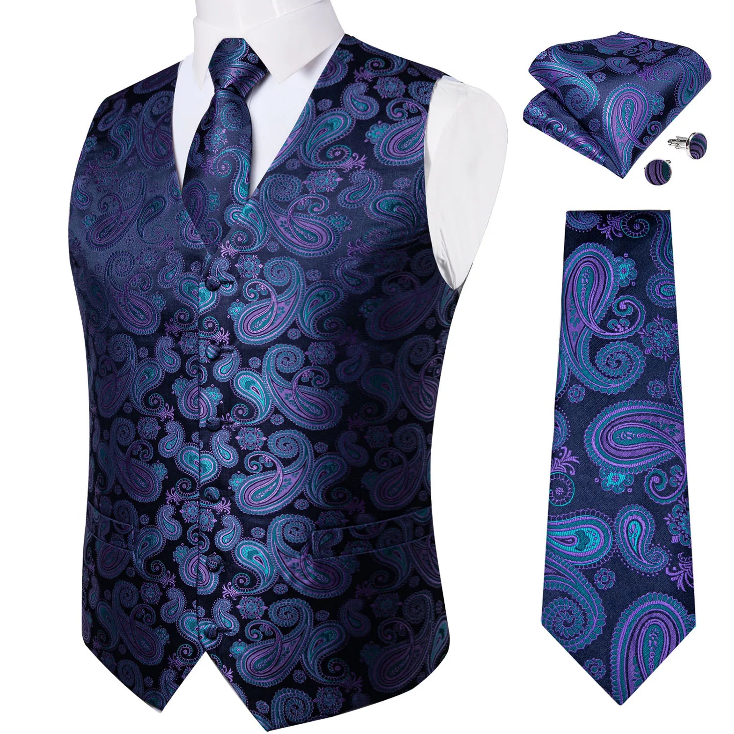 Luxury Silver Gray Paisley Suit Vest Men Tuxedo Blazers Wedding Party Waistcoat Neck Tie Set Casual Sleeveless Jacket