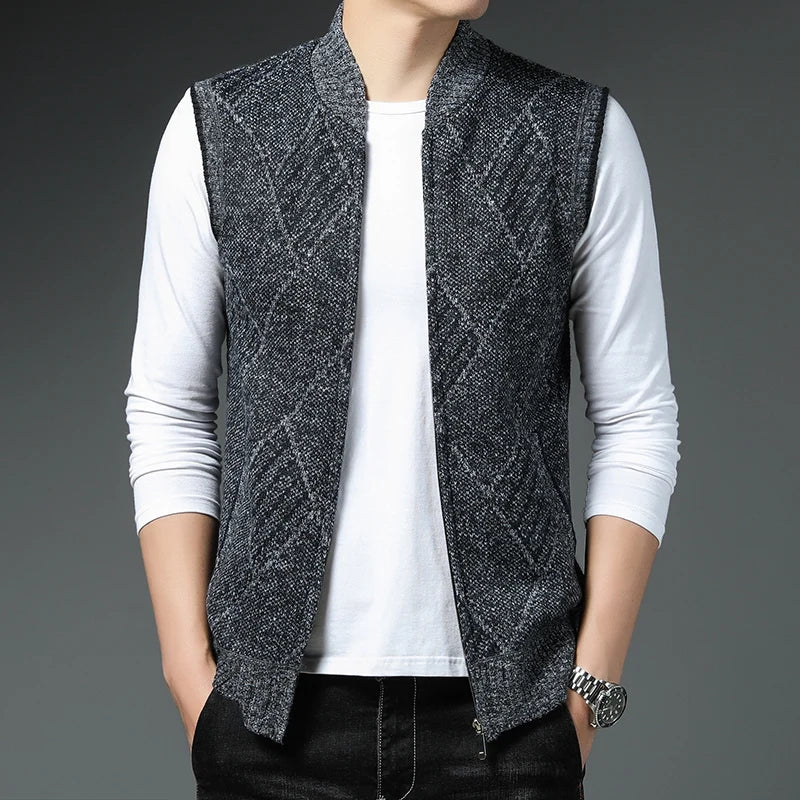 New Autumn Winter Sweater Vest Men Thick Sleeveless Cardigan Mens Knitted Waistcoat Fashion Stand Collar Knit Cardigan Vests Men