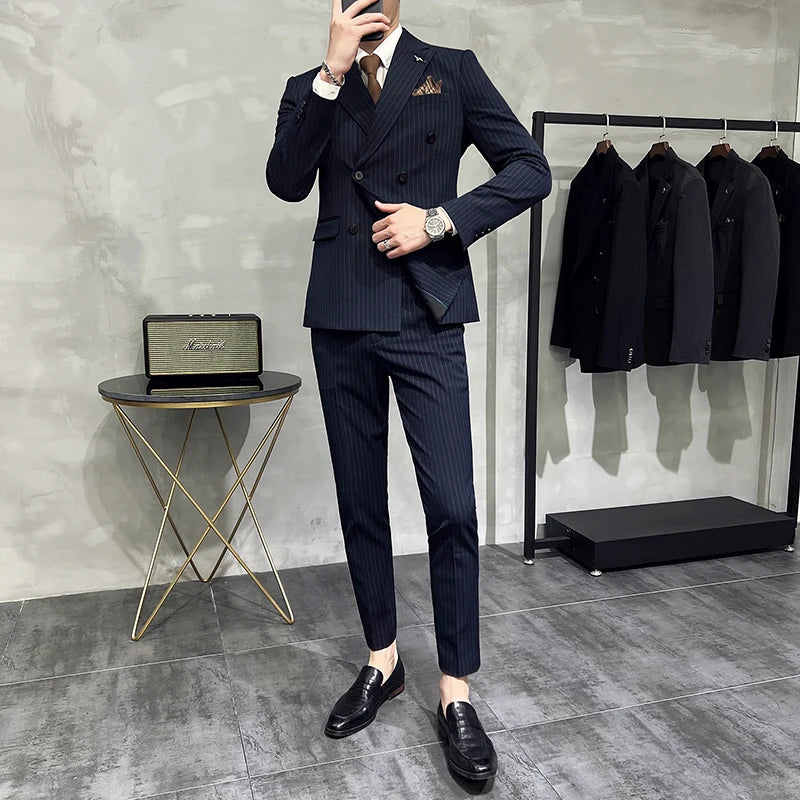 ( Blazer+Vest+Pants ) Groom Wedding Male Suit Luxury Brand Fashion Striped Men's Casual Business Office Double Breasted Suit