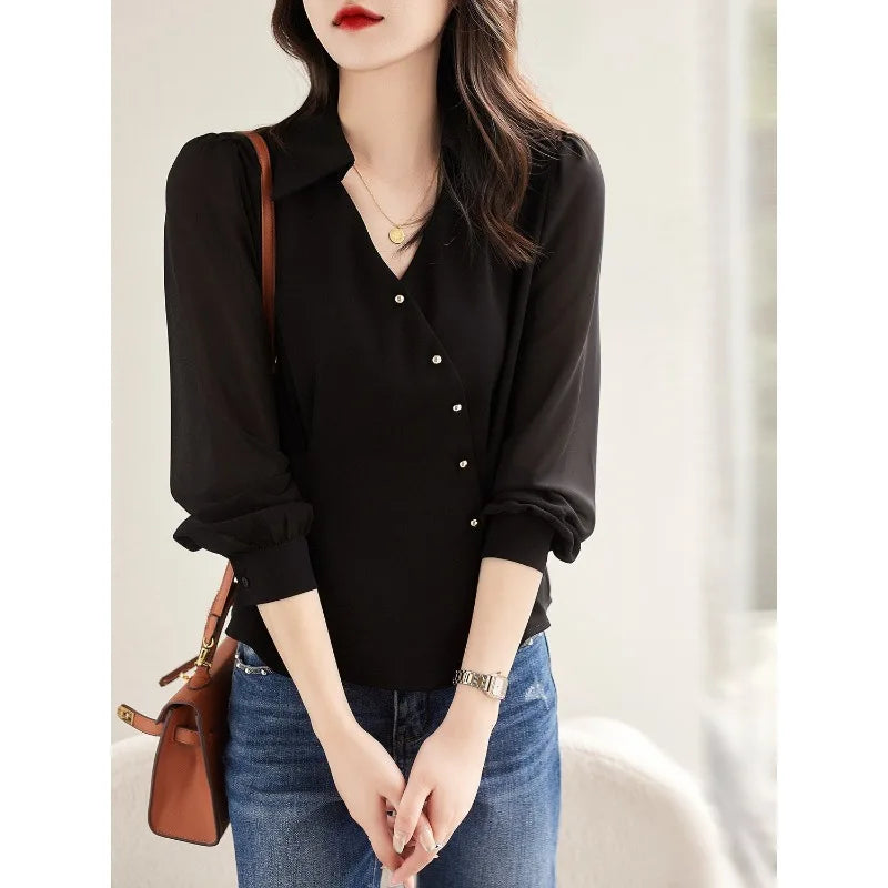 2023 Spring and Autumn Women's Solid Half Open Collar Long Sleeve Single Treated Shirt Office Lady Korean Fashion Casual Tops