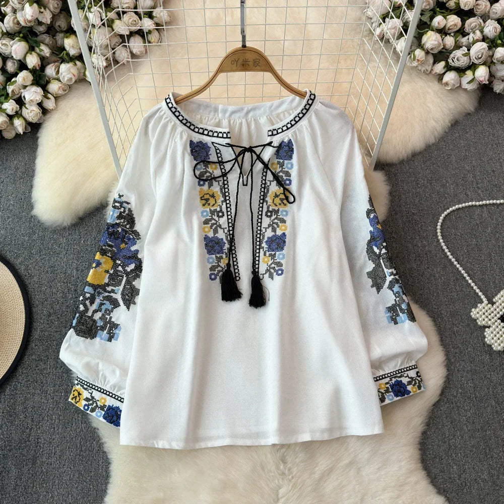 2025 Spring Retro Embroidered Shirt Top Female Lace Up Tassel Loose Lantern Sleeves Ethnic Style Blouse Female A70