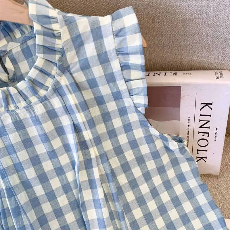 Korean Blouses Women Clothing Stand Neck Sleeveless Sweet Shirts 2025 Camisas De Mujer Loose Ruffles Ruffles Plaid Summer Blouse