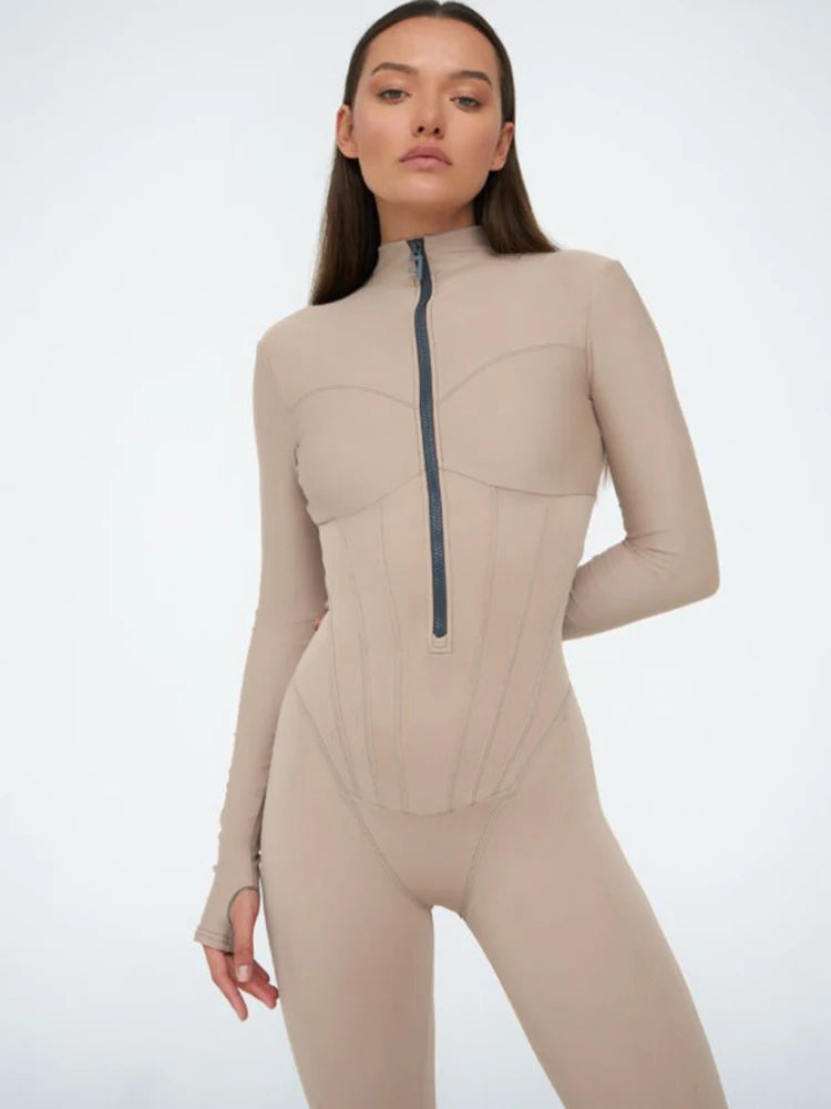Sibybo Women Jumpsuit Rompers Autumn Tight Short Sleeve Zipper Bodycon Playsuit Street Sexy Femme Black Sport Fitness Playsuit