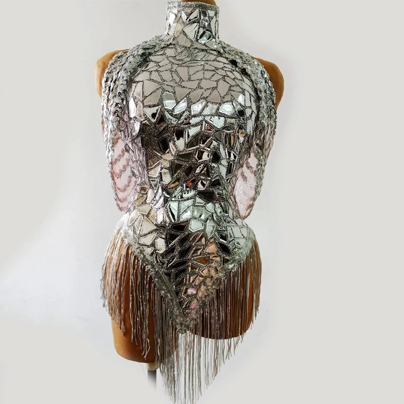 Black Night Out Stage Wear Drag Queen Outfit Sparkly Shinning Sequins Bodysuit Women Dancer Gogo DJ Nightclub Party Tassel