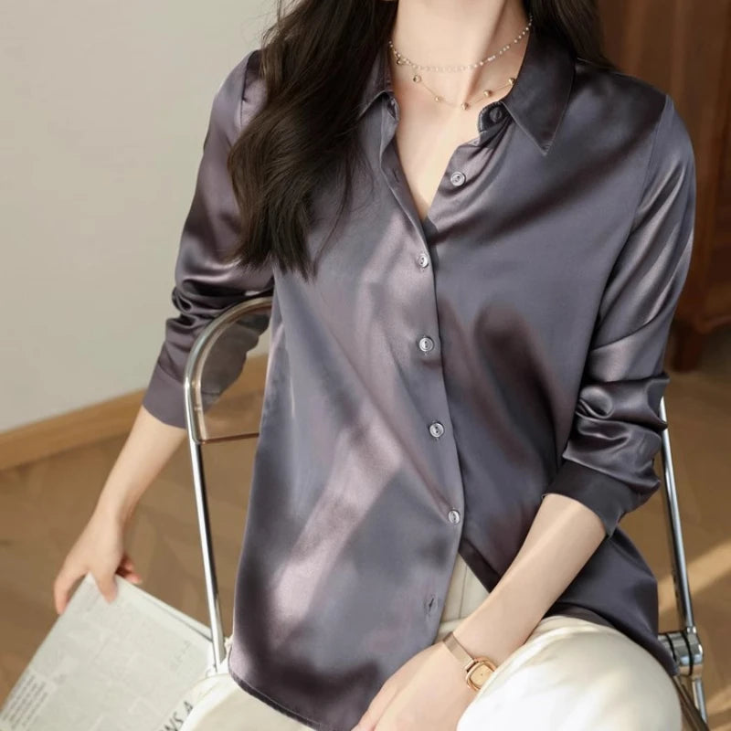Satin Women's Shirt Blouses for Women Fashion 2025 Korean Style Womens Tops Luxury White Shirt Women OL Loose New Women Clothing