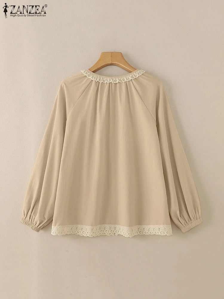 ZANZEA Spring Long Sleeve Solid Cotton Blouse Elegant Women Shirt Vintage Lace Patchwork Tops Mujer Casual Buttons Down Blusas
