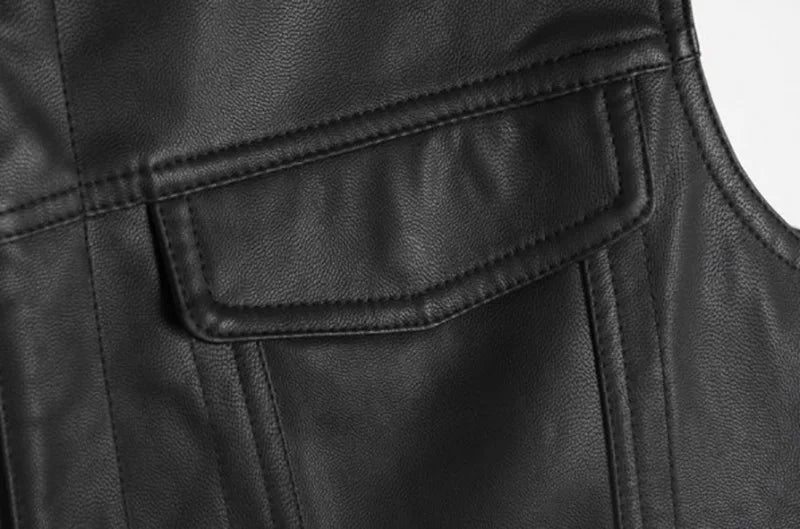 Solid Color Mens Faux Leather Vest Motorcycle Standing Collar Leather Vest Team Punk Shoulder Vest for Men