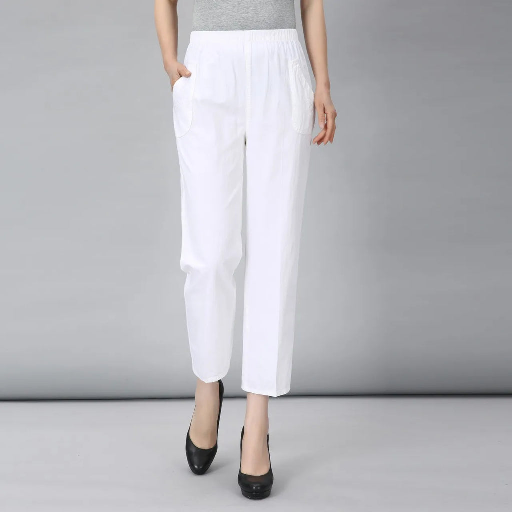 Spring Summer Casual embroidery Cotton Pants Women's Korean Thin Harem Pants Elastic Waist Middle-aged Female Linen Trousers