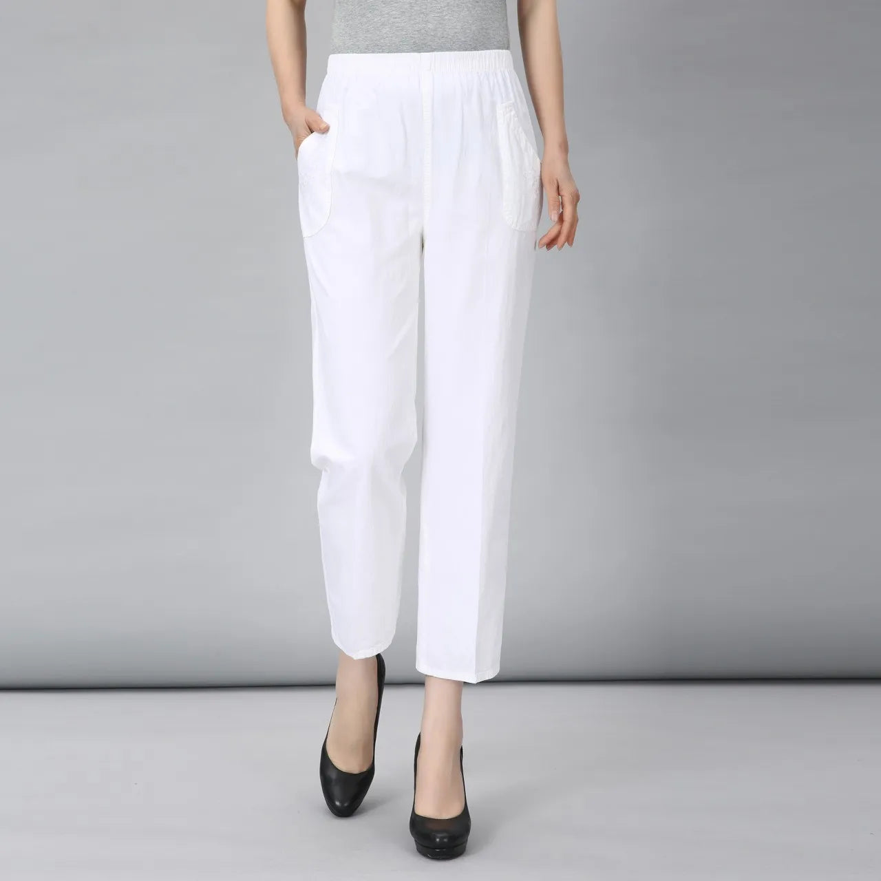 Spring Summer Casual embroidery Cotton Pants Women's Korean Thin Harem Pants Elastic Waist Middle-aged Female Linen Trousers