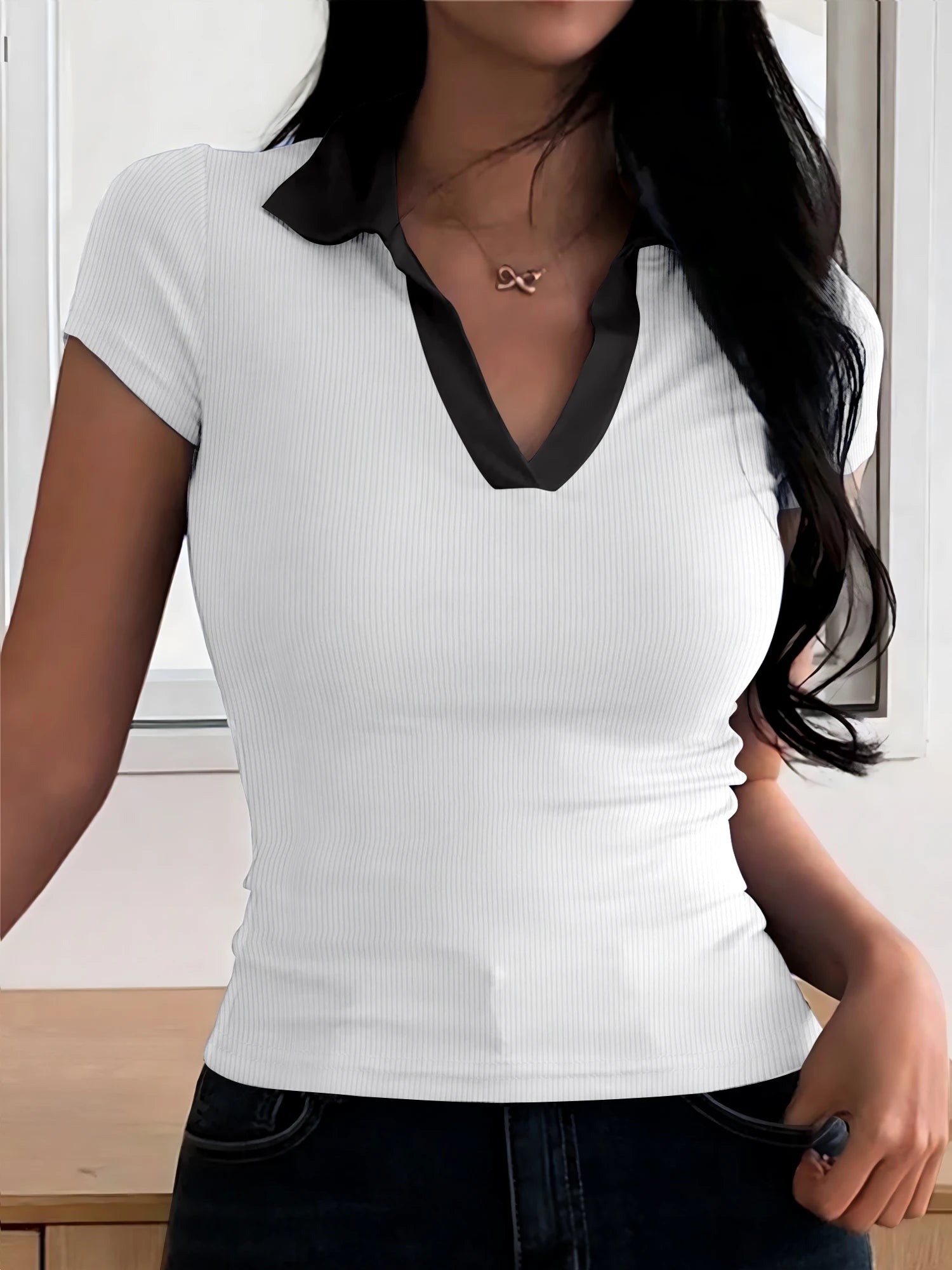 Summer Women's Color Collision POLO Shirt Slim Casual Solid Color Women's Tops Home Workwear V-neck Short-sleeved T-shirt Female